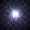 Plasma bolt. Fireball on dark background. Thunder storm flash light. Realistic electricity lightning. Vector illustration Royalty Free Stock Photo