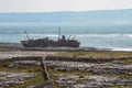 Plassey shipwreck on shore of Inisheer island. Aran islands, county Galway, Ireland. Rough stone coast with abandoned old rusty Royalty Free Stock Photo