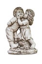 Plaster classic garden figure isolated on white: a girl kisses a boy on the cheek