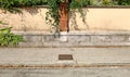 Plaster and concrete boundary wall with brick column in the middle and creeper plant on top, Tiled sidewalk and asphalt road Royalty Free Stock Photo