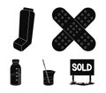 Plaster, inhaler, solution in a glass. Mtdicine set collection icons in black style vector symbol stock illustration web.