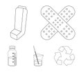 Plaster, inhaler, solution in a glass.Mtdicine set collection icons in outline style vector symbol stock illustration