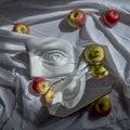 Plaster marble copy eye of david against a background of white drapery fabric with folds with green pears and red apples in light Royalty Free Stock Photo