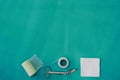 Plaster ,net bandage ,gauze and scissors for dressing clean wound on medical background with copy space Royalty Free Stock Photo