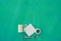Plaster ,net bandage ,gauze and scissors for dressing clean wound on medical background with copy space ,flat lay Royalty Free Stock Photo
