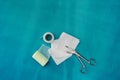 Plaster ,net bandage ,gauzes and scissors for dressing clean wound on medical background with copy space ,flat lay Royalty Free Stock Photo