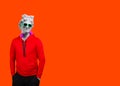 Plaster statue of Apollo`s in blue sunglasses and earphone. Minimal concept art. On a orange background