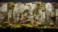 The plaster surface of the brick wall has begun to deteriorate and the wall has begun to grow moss and small plants.