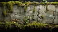 The plaster surface of the brick wall has begun to deteriorate and the wall has begun to grow moss and small plants.