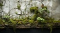 The plaster surface of the brick wall has begun to deteriorate and the wall has begun to grow moss and small plants.