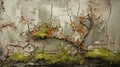 The plaster surface of the brick wall has begun to deteriorate and the wall has begun to grow moss and small plants.