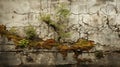 The plaster surface of the brick wall has begun to deteriorate and the wall has begun to grow moss and small plants.