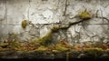 The plaster surface of the brick wall has begun to deteriorate and the wall has begun to grow moss and small plants.