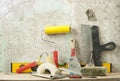 Construction tools in a row and bricks.Building and renovation concept. Royalty Free Stock Photo