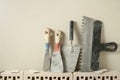 Construction tools in a row and bricks.Building and renovation concept. Royalty Free Stock Photo