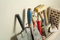 Construction tools in a row and bricks. Building and renovation concept. Royalty Free Stock Photo