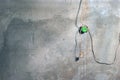 A Plaster Wall with Cracks and Paint Spots in the Workshop with Old Green Electric Plug Socket and Hanging Wires and a Plug Royalty Free Stock Photo