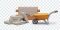 Plastered brick wall, wheelbarrow, pile of cement bags. Vector composition