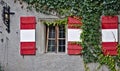 Plastered wall with window, green vines, antique bell and wooden shutters