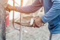 Plasterer concrete worker at wall of home