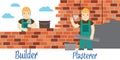 Plasterer and masons at work. Flat icon. Royalty Free Stock Photo