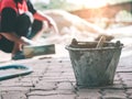 The Plasterer mixes the concrete mixture at the concrete cement construction site Royalty Free Stock Photo