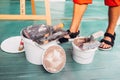 Plastering work decorative plaster and tools Royalty Free Stock Photo