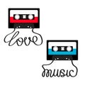 Plastic audio tape cassette with tape word Love Music. Retro icon set. Recording element. 80s 90s years. Red Blue color template.