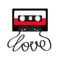 Plastic audio tape cassette with tape word love. Retro music icon. Recording element. 80s 90s years. Red color template. Flat desi Royalty Free Stock Photo