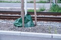 Plastic bag around tree trunk beside tramway tracks Royalty Free Stock Photo