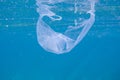 Plastic bag in blue sea. Garbage in sea underwater photo. Blue sea water with plastic trash. Ecology problem Royalty Free Stock Photo