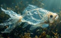 Plastic bag caught in fish. Plastic pollution concept with underwater fish made from plastic bag swimming in the ocean Royalty Free Stock Photo