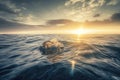 plastic bag floating on the surface of the ocean, with sun shining down Royalty Free Stock Photo