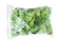 Plastic bag with frozen broccoli on white background. Vegetable preservation