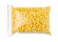 Plastic bag with frozen corn on white background. Vegetable preservation Royalty Free Stock Photo