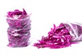 Plastic bag with frozen red cabbage slices isolated on white. V