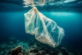Plastic bag of garbage floats in blue ocean. Concept of environmental protection and protection, garbage collection. Pollution