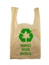 Plastic  bag with Recycle sign logo and words REDUCE REUSE RECYCLE on white blackground, eco friendly concept Royalty Free Stock Photo