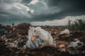 plastic bag spilling out of the landfill, surrounded by discarded waste