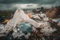 plastic bag spilling out of the landfill, surrounded by discarded waste