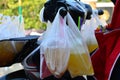 plastic bag with sweet drinks with ice