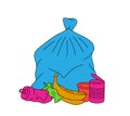 Plastic bag with unsorted garbage. Plastic, glass, metal, paper, organic waste illustration. Garbage plastic bag with