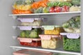 Plastic bags and containers with frozen vegetables in refrigerator Royalty Free Stock Photo