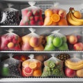 Plastic bags with deep frozen fruits on white shelves in the refrigerator Royalty Free Stock Photo