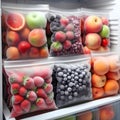 Plastic bags with deep frozen fruits on white shelves in the refrigerator Royalty Free Stock Photo