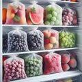 Plastic bags with deep frozen fruits on white shelves in the refrigerator Royalty Free Stock Photo