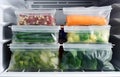 Plastic bags with deep frozen vegetables on white shelves in the refrigerator Royalty Free Stock Photo