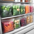 Plastic bags with deep frozen vegetables on white shelves in the refrigerator Royalty Free Stock Photo