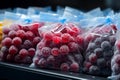 Plastic bags of frozen berries displayed tidily on a supermarkets cold shelf Royalty Free Stock Photo