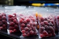 Plastic bags of frozen berries displayed tidily on a supermarkets cold shelf Royalty Free Stock Photo